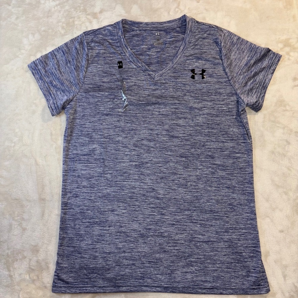 Under Armour Women Blue Space Dye Tech Twist V-Neck Short Sleeve Shirt Large NWT